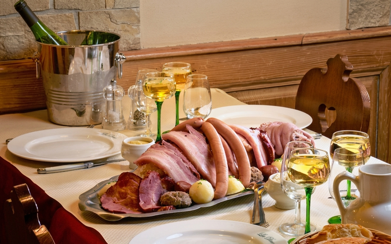 Table dressée avec belle choucroute et verres de vin blanc